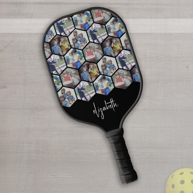 5 Photo Collage - funky hexagon pattern - name Pickleball Paddle (Creator Uploaded)