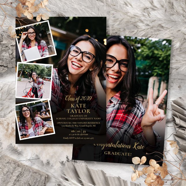 5 Photo Collage Gold Graduation Party  Invitation (5 Photo Collage Gold Graduation Party Invitation)