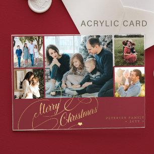 5 photo collage gold Merry Christmas script card Acrylic Invitations