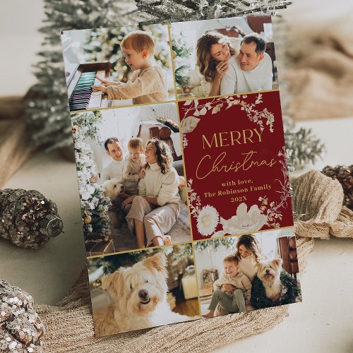 5 Photo Collage Gold Red Merry Christmas Card 