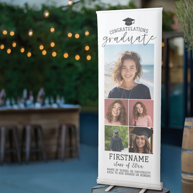 5 Photo Collage - Graduation Modern Minimal White Retractable Banner (Custom Graduation Banner Stand - Photo Collage with Modern Black and White Design)