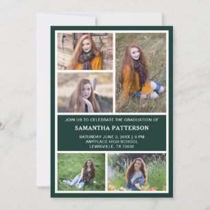 5 Photo Collage Green & White Graduation Invitation