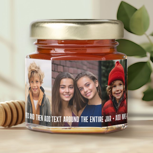 5 Photo Collage Grid - Custom Text Around Bottom Honey Jar Favors (Custom Photo on a Honey Jar Favor)