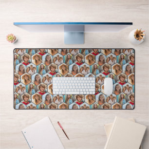 5 Photo Collage Honeycomb Hexagon Pattern - grey Desk Mat