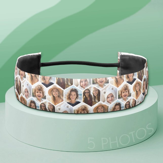 5 Photo Collage Honeycomb Hexagon Pattern - white Athletic Headband (Custom Photo Headband)