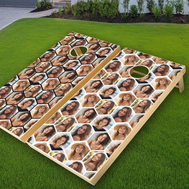 5 Photo Collage Honeycomb Pattern BE Patient  Cornhole Set (Custom Cornhole Set)