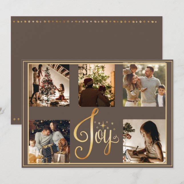 5 photo Collage Joy Gold Christmas Xmas Holiday Card (Front/Back)