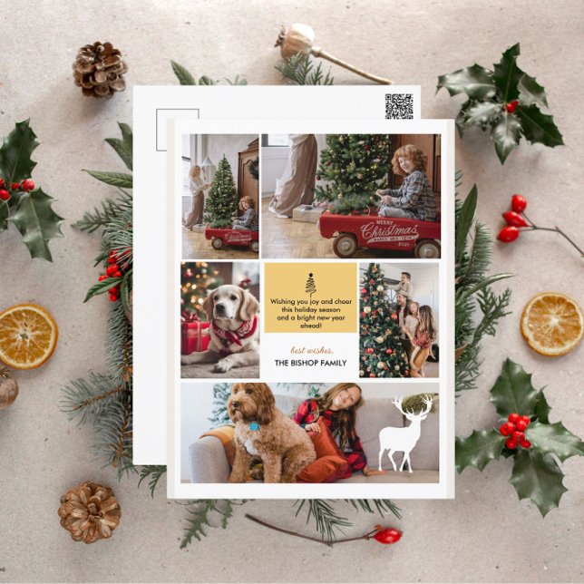 5 Photo Collage Merry Christmas Script Greeting Holiday Postcard (Creator Uploaded)