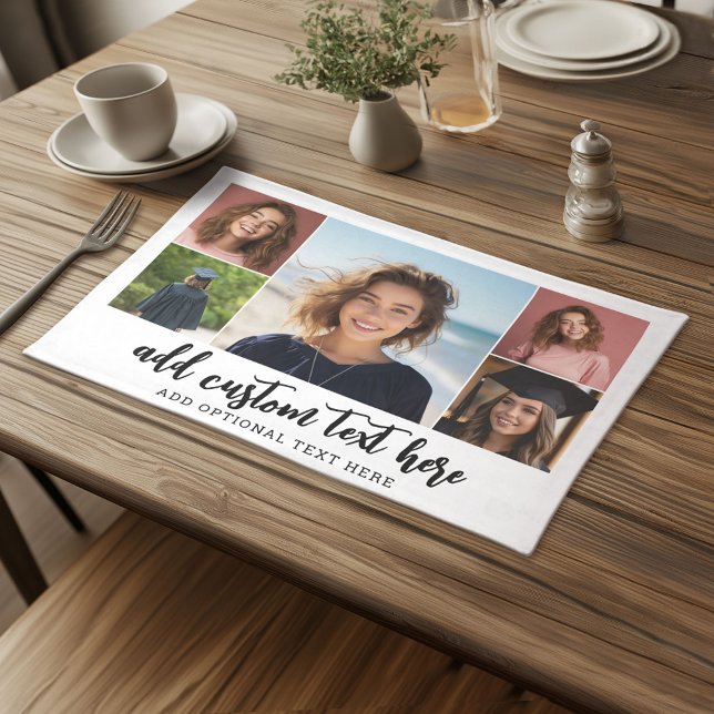 5 Photo Collage Modern Minimal Black White Cloth Placemat (Custom Cloth Placemat)