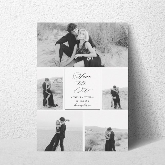 5 Photo Collage Monochrome Black and White Wedding Save The Date (Creator Uploaded)