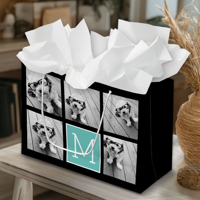 5 Photo Collage Monogram Black and Teal Large Gift Bag (Custom Gift Bag)