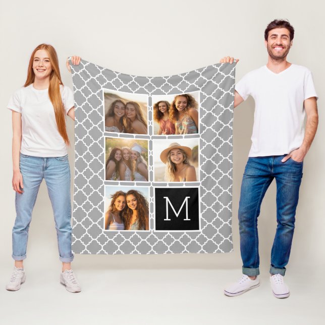 5 Photo Collage Monogram - Gray Pattern and Black Fleece Blanket (In Situ)