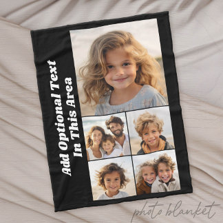 5 Photo Collage Optional Text - can edit black Fleece Blanket
