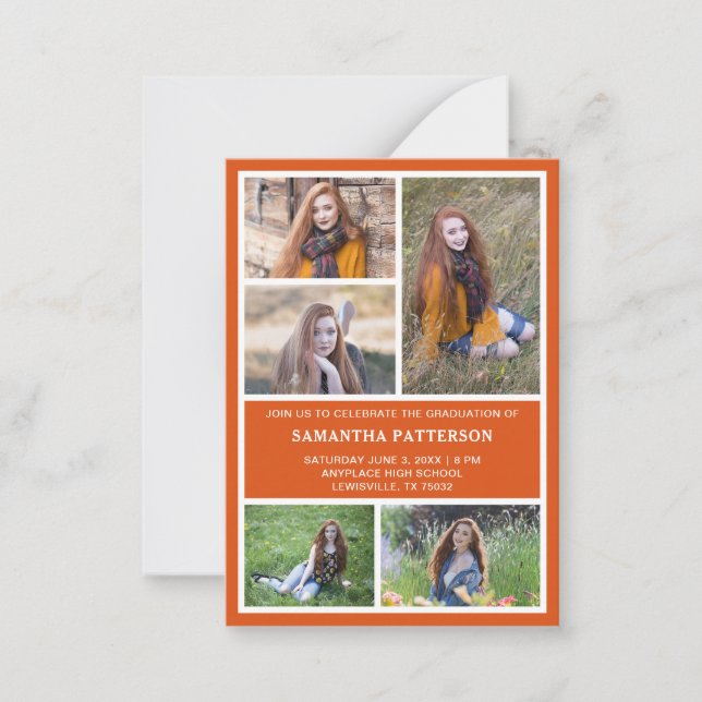 5 Photo Collage Orange & White Graduation Ceremony Note Card (Front)