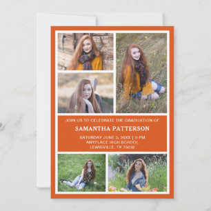  5 Photo Collage Orange & White Graduation  Invitation