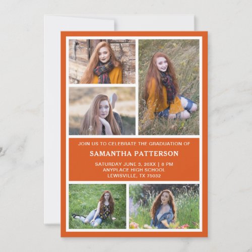  5 Photo Collage Orange  White Graduation  Invitation