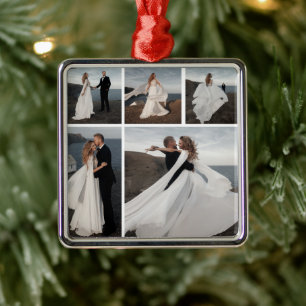 5 Photo Collage Our First Christmas Wedding Couple Metal Ornament