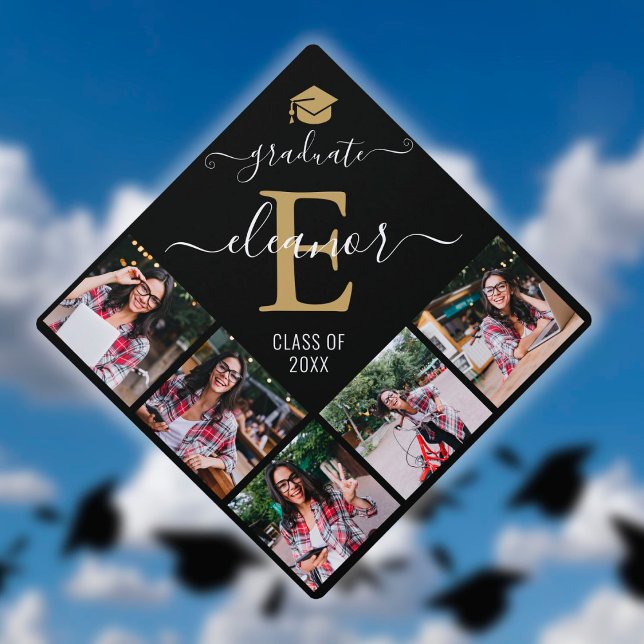 5 Photo Collage Personalized Gold Monogram Graduation Cap Topper (Creator Uploaded)