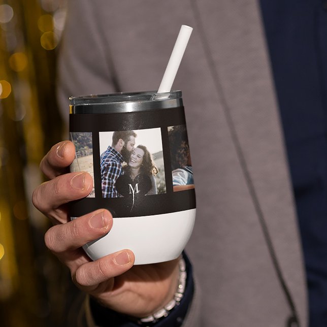 5 photo collage personalized modern monogram thermal wine tumbler (Creator Uploaded)