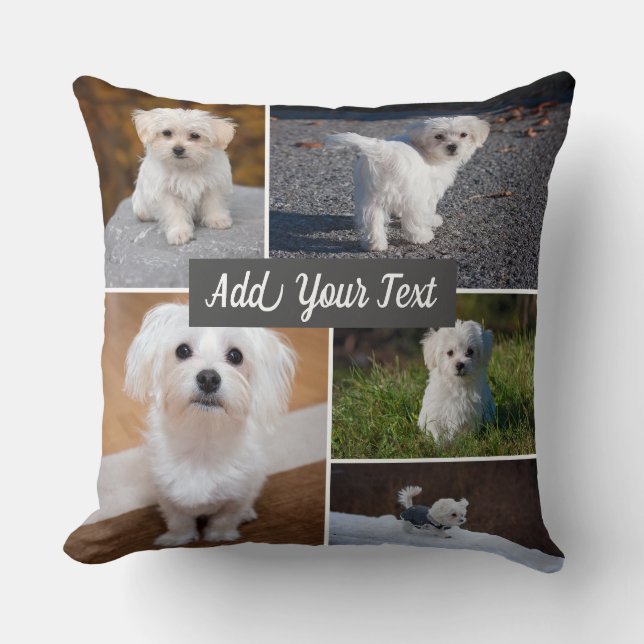5 Photo Collage Pet Photo Personalized Gray Throw Pillow (Front)