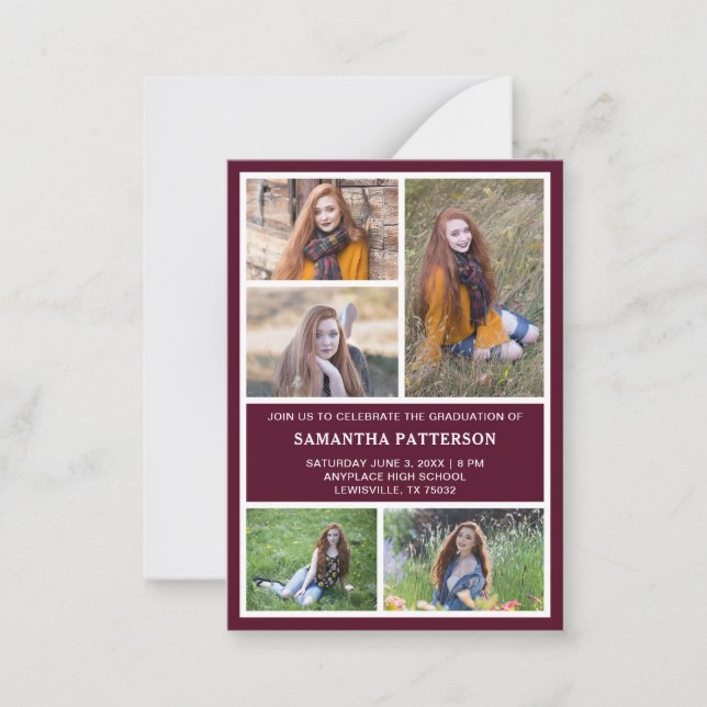 5 Photo Collage Red & White Graduation Ceremony   Note Card (Front)