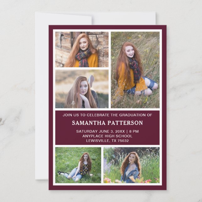 5 Photo Collage Red & White Graduation Ceremony   Note Card (Front)