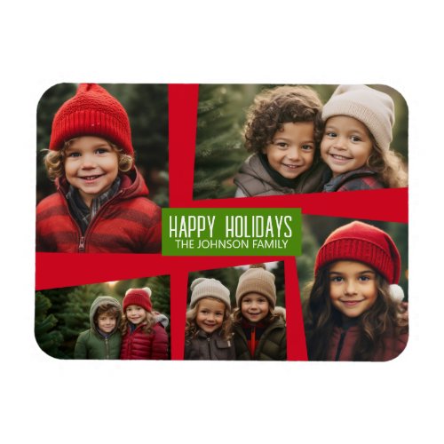 5 Photo Collage Retro Happy Holidays Red Green Magnet