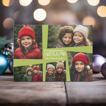 5 Photo Collage Retro Joy And Peace Green Holiday Card by JustChristmas at Zazzle