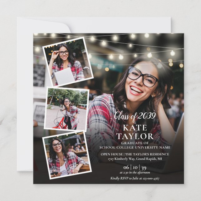 5 Photo Collage String Lights Graduation Party Invitation (Front)