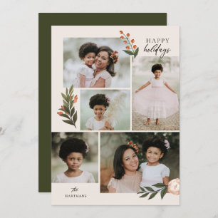 5 Photo Collage Terracotta Boho Floral Holiday Card