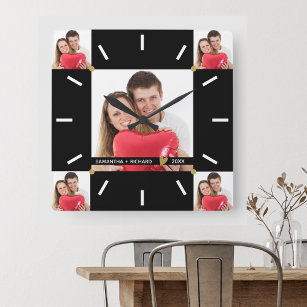  5 Photo Collage Wedding Anniversary Black White Square Wall Clock
