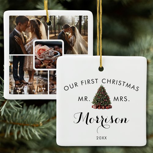 5 Photo Collage Wedding First Christmas Ceramic Ornament