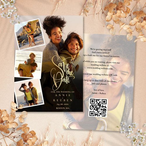 5 Photo Collage Wedding Gold Script QR Code Save The Date