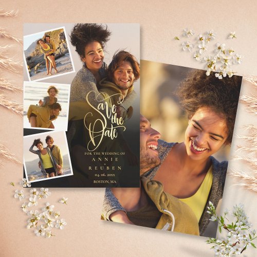 5 Photo Collage Wedding Gold Script Save The Date
