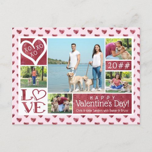 5 Photo Collage Wine Watercolor Hearts Valentine Holiday Postcard