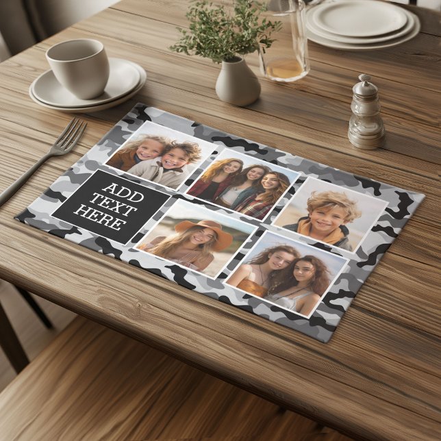 5 Photo Collage - with black Camo Background Cloth Placemat (Custom Cloth Placemat)