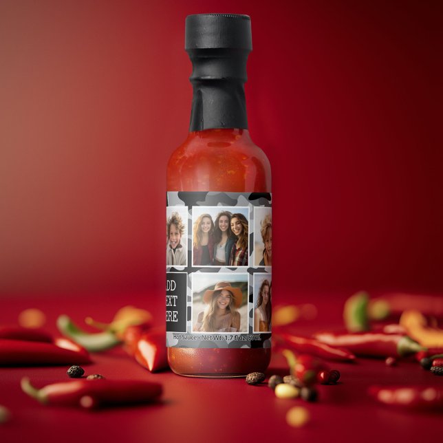 5 Photo Collage - with black Camo Background Hot Sauces (Personalized Hot Sauce Bottle with a Photo Collage)