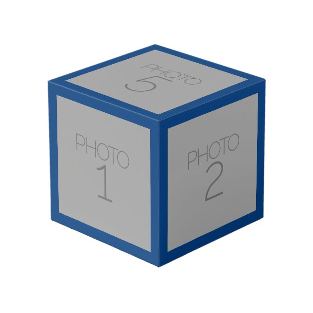 5 Photo Collage with Solid Royal Blue Border Cube (Front Angled)