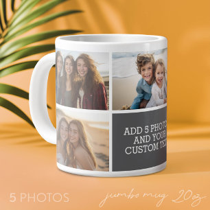 5 Photo Collage with Text - Minimal Grey White Giant Coffee Mug