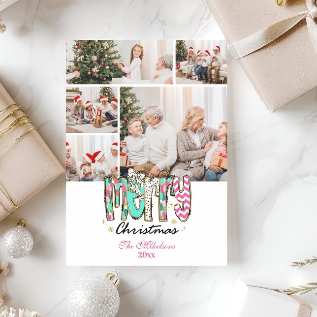 5 Photo Colorful Retro Merry Christmas Holiday Card (Creator Uploaded)