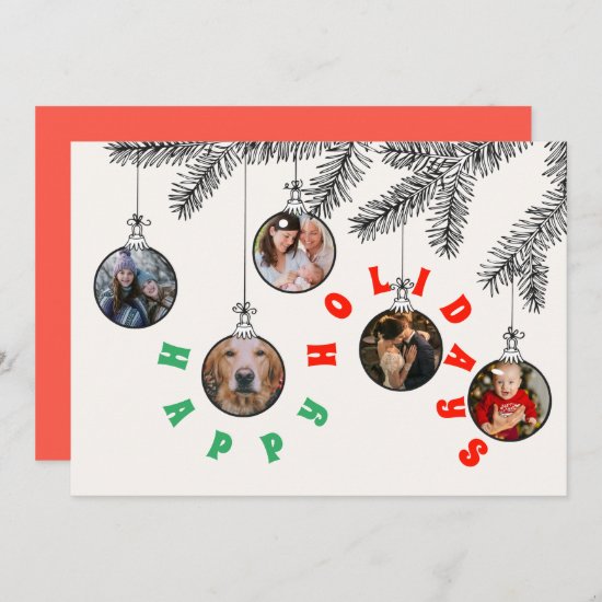 5 Photo Cute Christmas Tree Bulb Flat Holiday Card
