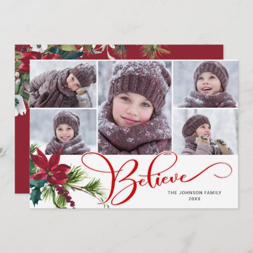 5 Photo Elegant Poinsettia Christmas BELIEVE Holiday Card