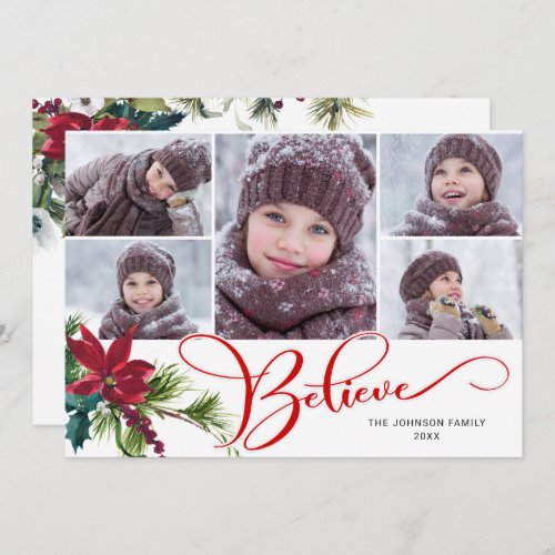 5 Photo Elegant Poinsettia Christmas BELIEVE Holiday Card