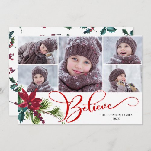 5 Photo Elegant Poinsettia Christmas BELIEVE Holiday Card
