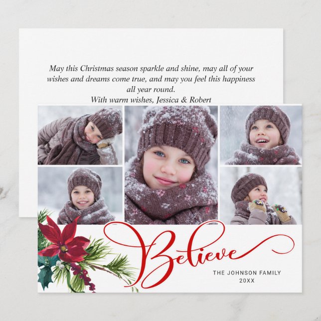 5 Photo Elegant Poinsettia Christmas BELIEVE Holiday Card (Front/Back)
