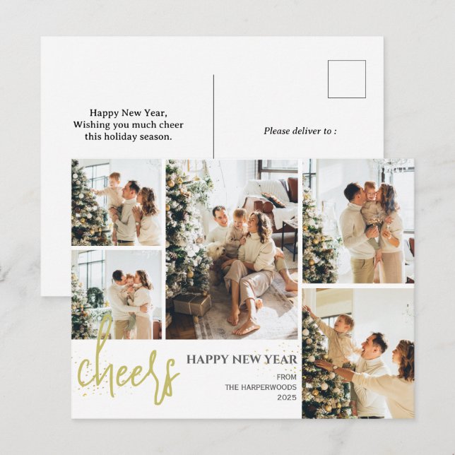 5 Photo Elegant Script Modern Happy New Year Holiday Postcard (Front/Back)