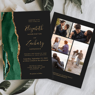 5-Photo Emerald Green Gold Agate Dark Wedding Invitation