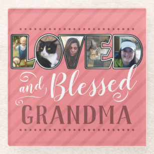 5 Photo Fill Letters Loved and Blessed Grandma Glass Coaster