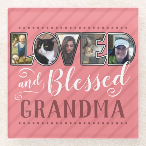 5 Photo Fill Letters Loved and Blessed Grandma Glass Coaster