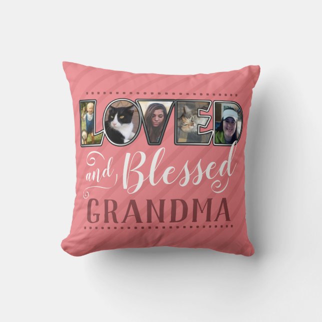5 Photo Fill Letters Loved and Blessed Grandma Throw Pillow (Front)
